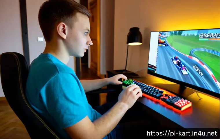 카트라이더 신규 유저의 게임 공략 노하우 - Photorealistic young Polish gamer learning a colorful kart racing video game at a tidy home desk, fo...