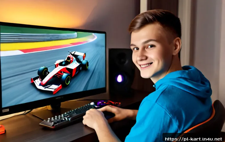 Home 17 카트라이더 신규 업데이트와 이벤트 활용 - Photorealistic gaming update concept, a Polish teenage gamer in a cozy Warsaw apartment smiling at a...