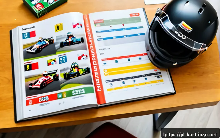 Home 17 카트라이더 공식 가이드북 내용 - Photorealistic overhead view of a colorful kart racing game guidebook open on a tidy desk in a cozy ...